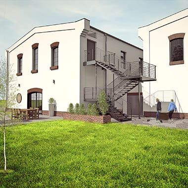 Browar Spiż, Miłków - wizualizacja rewitalizowanych budynków z boku browar spiż miłków wizualizacja rewitalizowanych budynków z boku