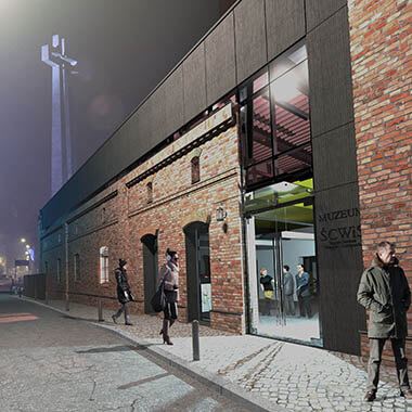 śląskie centrum wolności i solidarności katowice wizualizacja od wejścia nocą