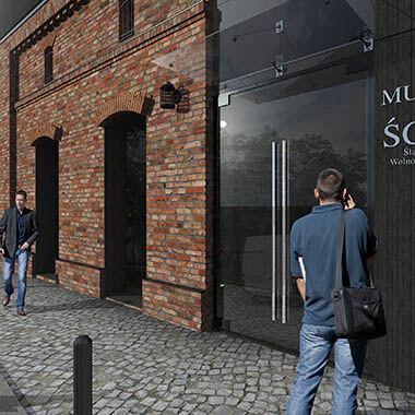 śląskie centrum wolności i solidarności katowice wizualizacja ze zbliżeniem na wejście