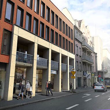 ul. Wojewódzka 44, Katowice - elewacja zewnętrzna budynku z częścią usługową wojewódzka 44 katowice elewacja zewnętrzna budynku z częścią usługową